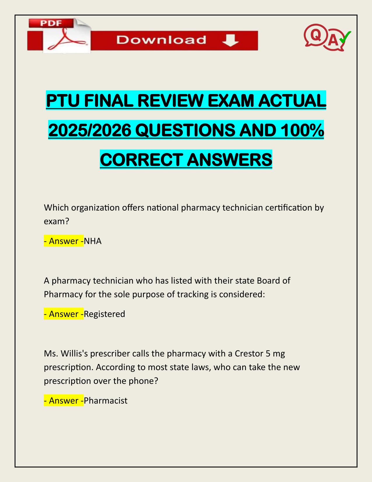 PTU FINAL REVIEW EXAM ACTUAL 2025/2026 QUESTIONS AND 100% CORRECT ANSWERS