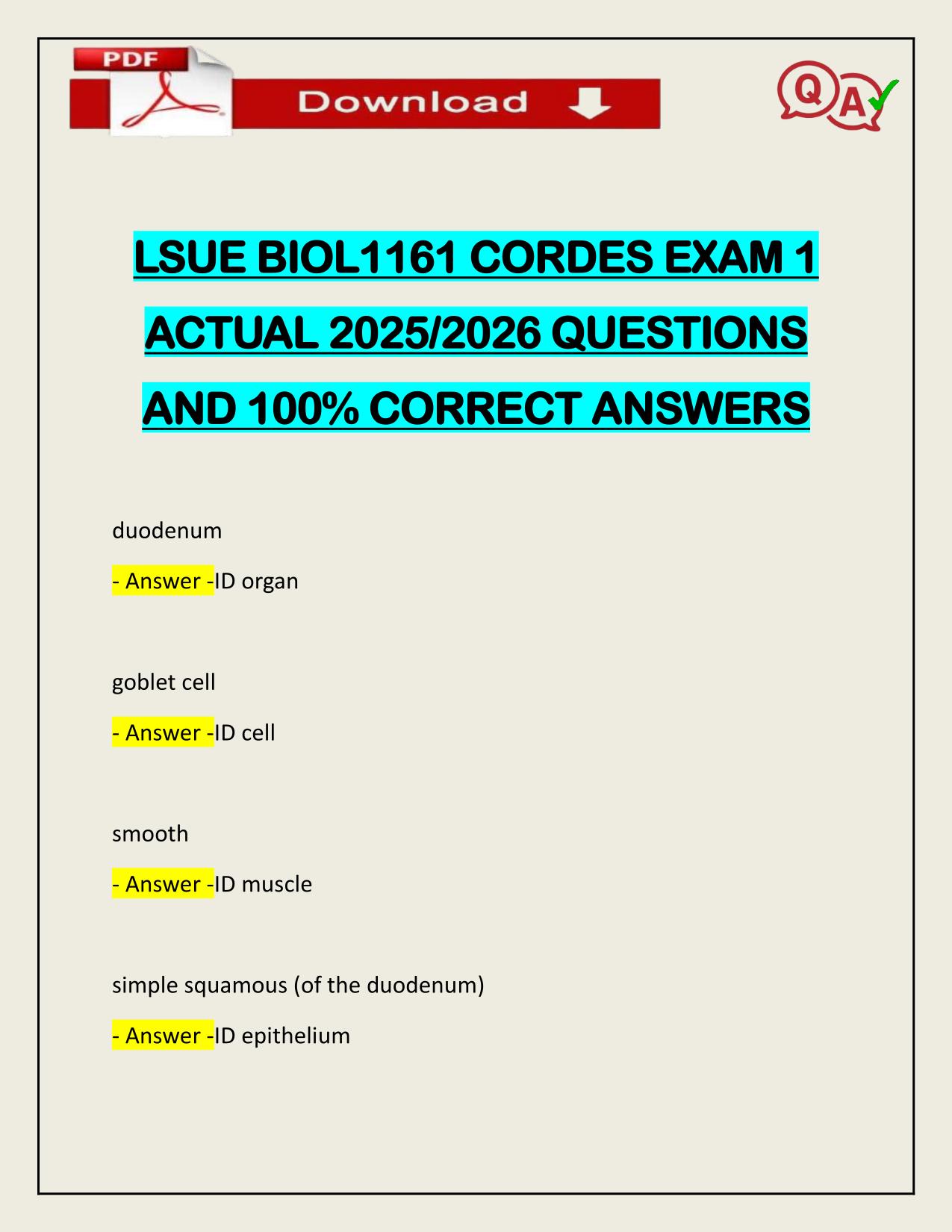 LSUE BIOL1161 CORDES EXAM 1 ACTUAL 2025/2026 QUESTIONS AND 100% CORRECT ANSWERS