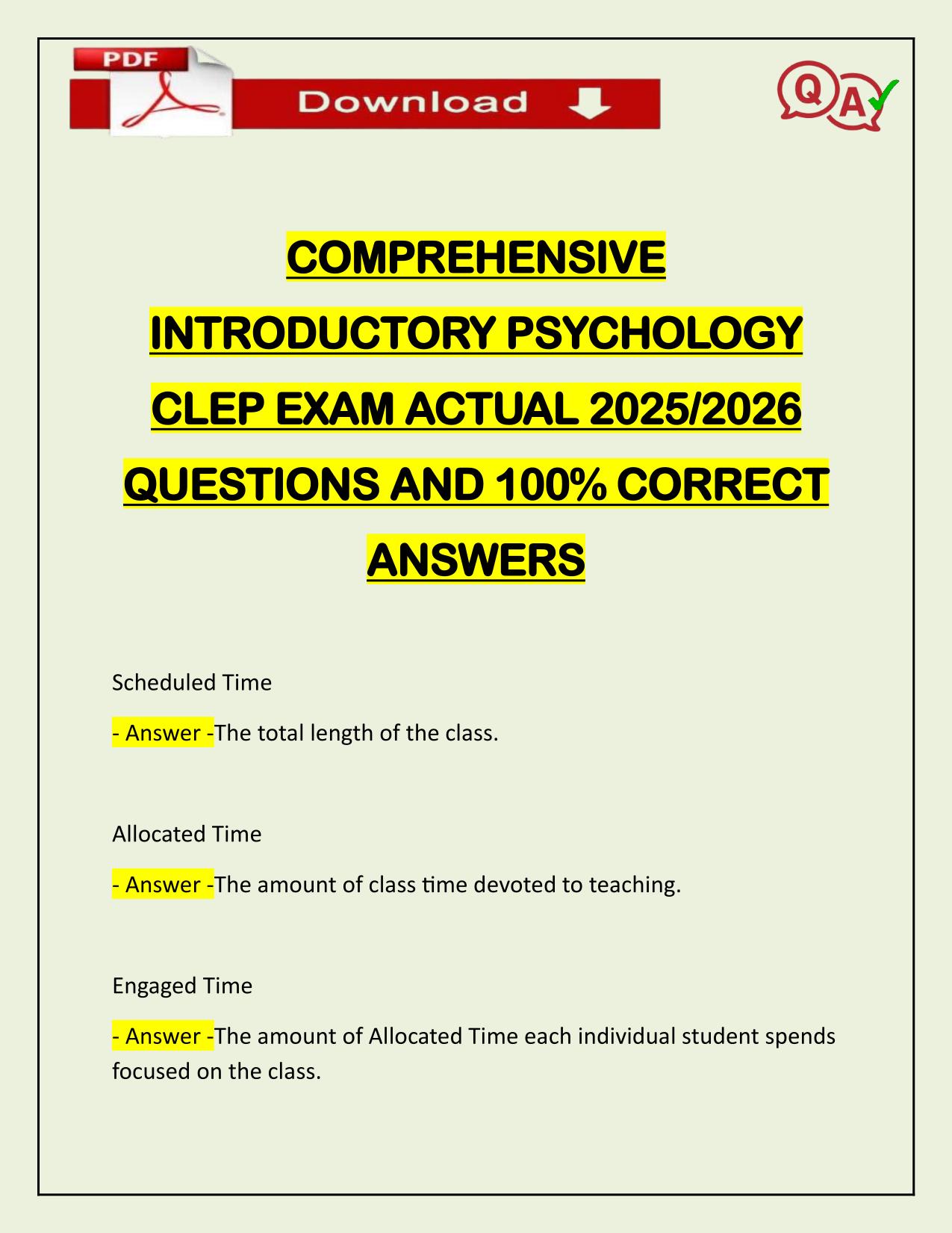 COMPREHENSIVE INTRODUCTORY PSYCHOLOGY CLEP EXAM ACTUAL 2025/2026 QUESTIONS AND 100% CORRECT ANSWERS