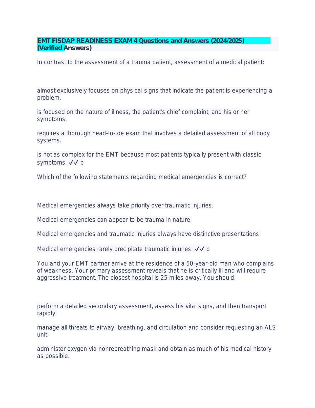 EMT FISDAP READINESS EXAM 4 ACTUAL 2025/2026 LATEST UPDATE