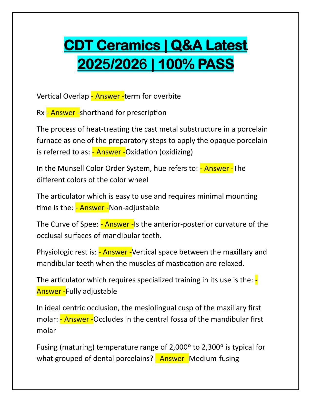 CDT Ceramics Exam Q&A Latest Update