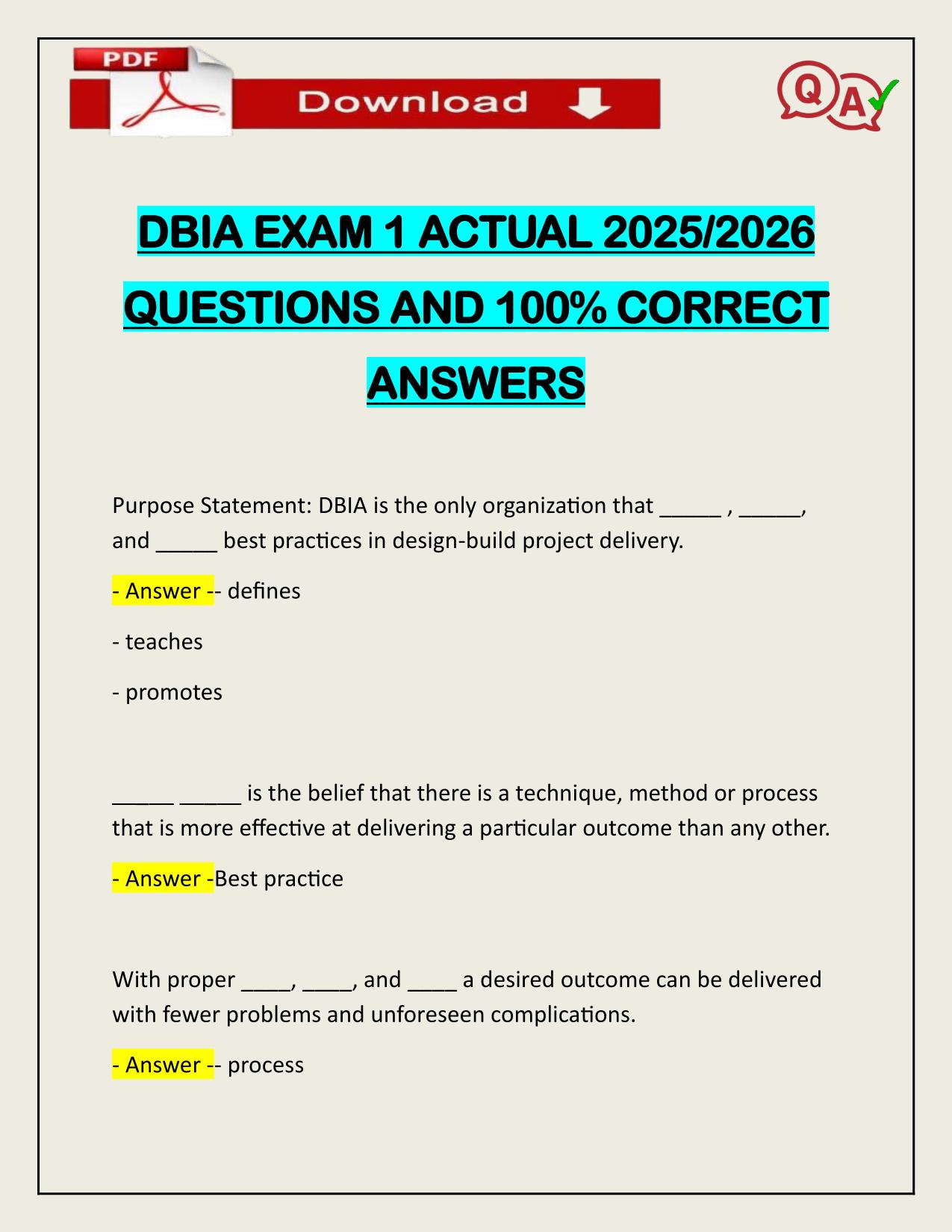 DBIA EXAM 1 ACTUAL 2025/2026 QUESTIONS AND 100% CORRECT ANSWERS