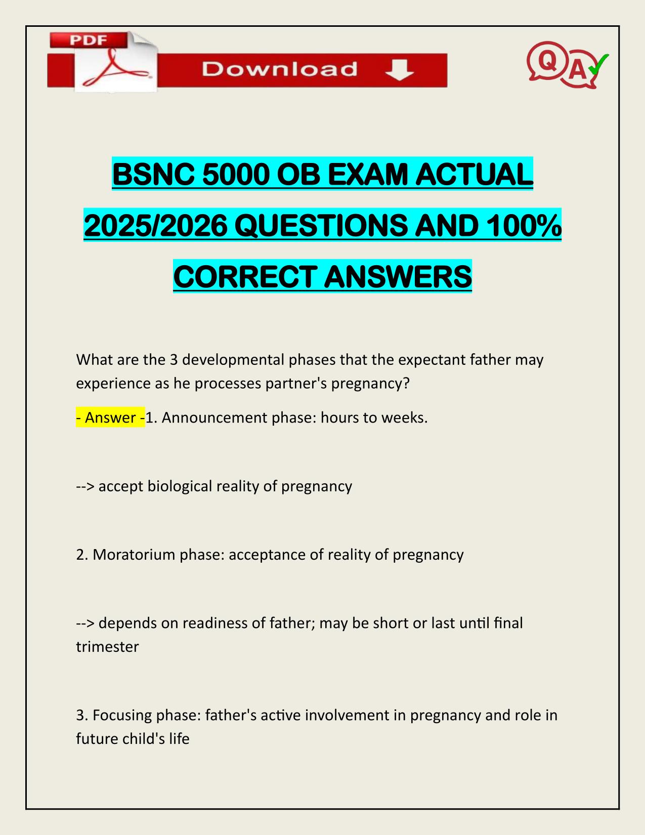 BSNC 5000 OB EXAM ACTUAL 2025/2026 WITH VERIFIED ANSWERS