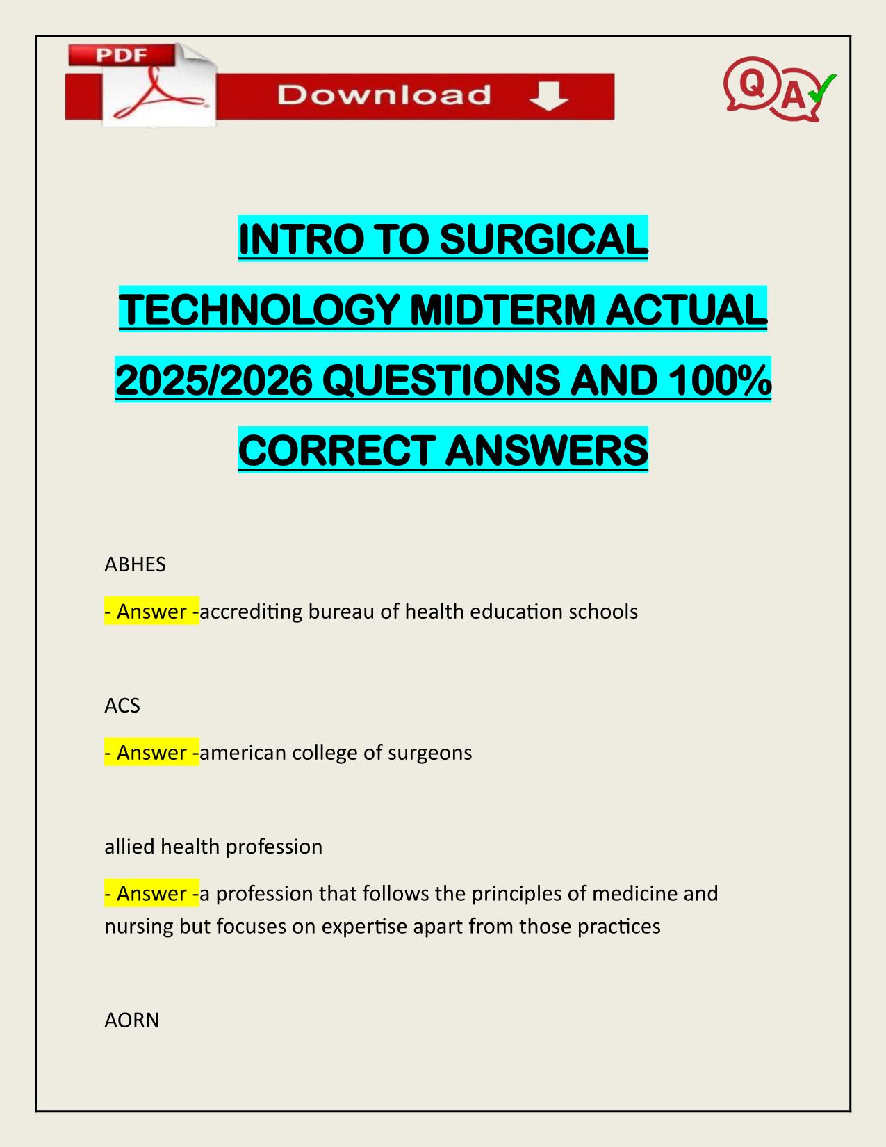 INTRO TO SURGICAL TECHNOLOGY MIDTERM ACTUAL 2025/2026