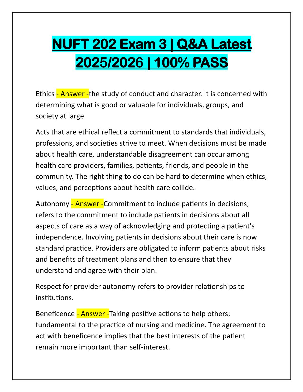 NUFT 202 Exam 3 Q&A Latest Update 100% PASS