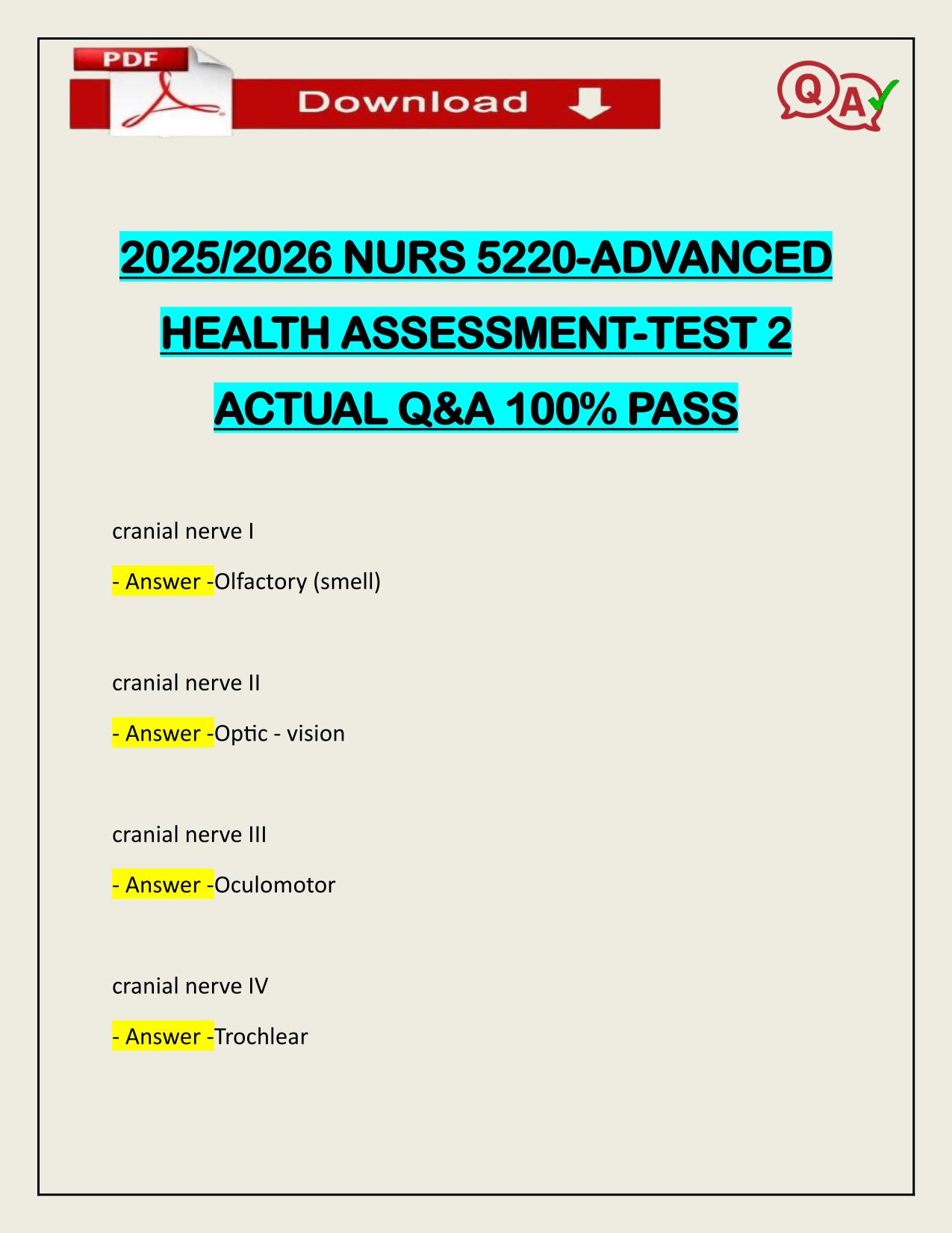 2025/2026 NURS 5220-ADVANCED HEALTH ASSESSMENT-TEST 2 ACTUAL Q&A 100% PASS