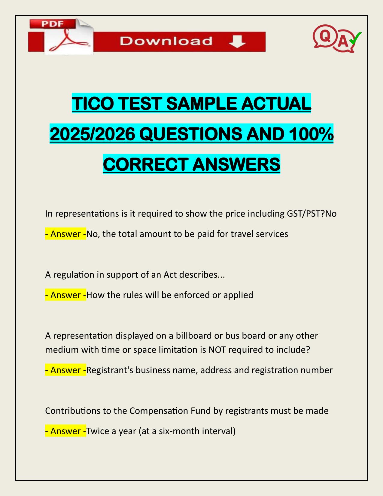 TICO TEST SAMPLE ACTUAL 2025/2026 CORRECTLY ANSWERED