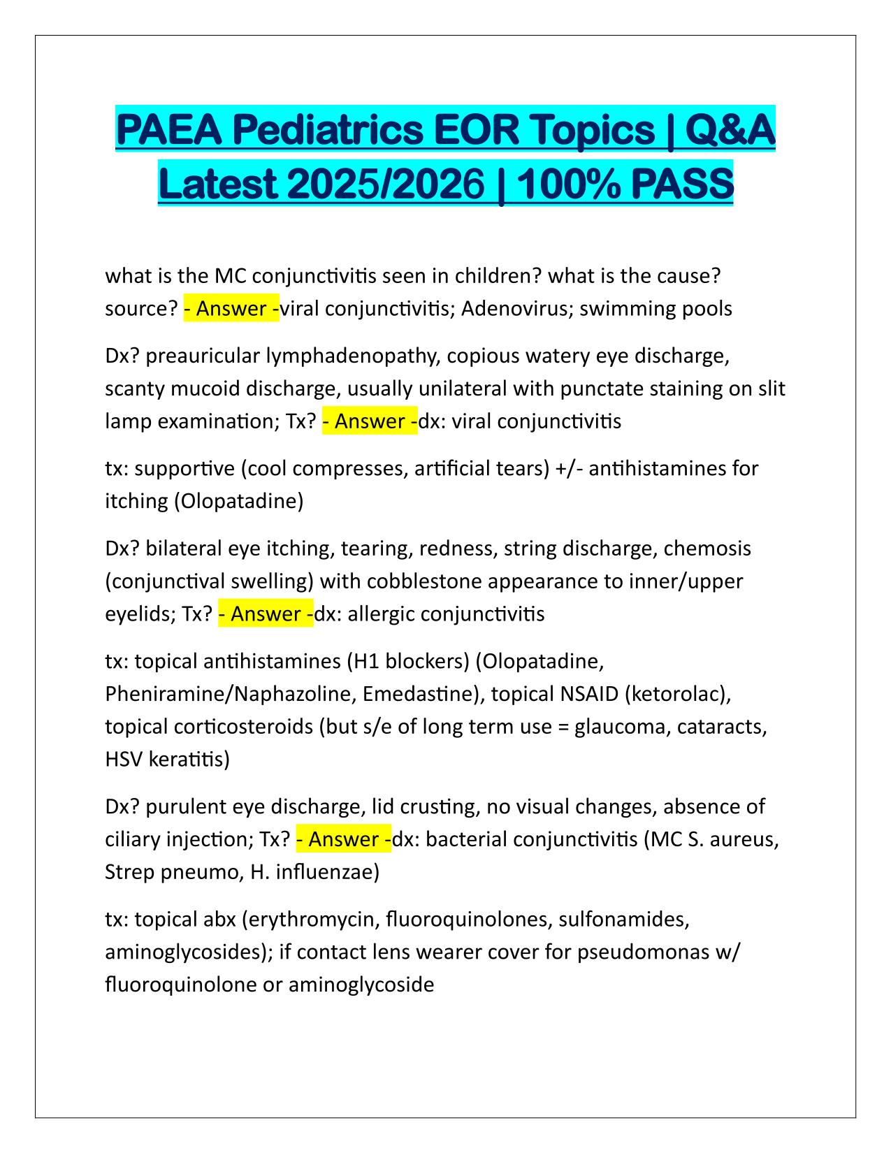 PAEA Pediatrics EOR Topics EXAM Q&A Latest Update