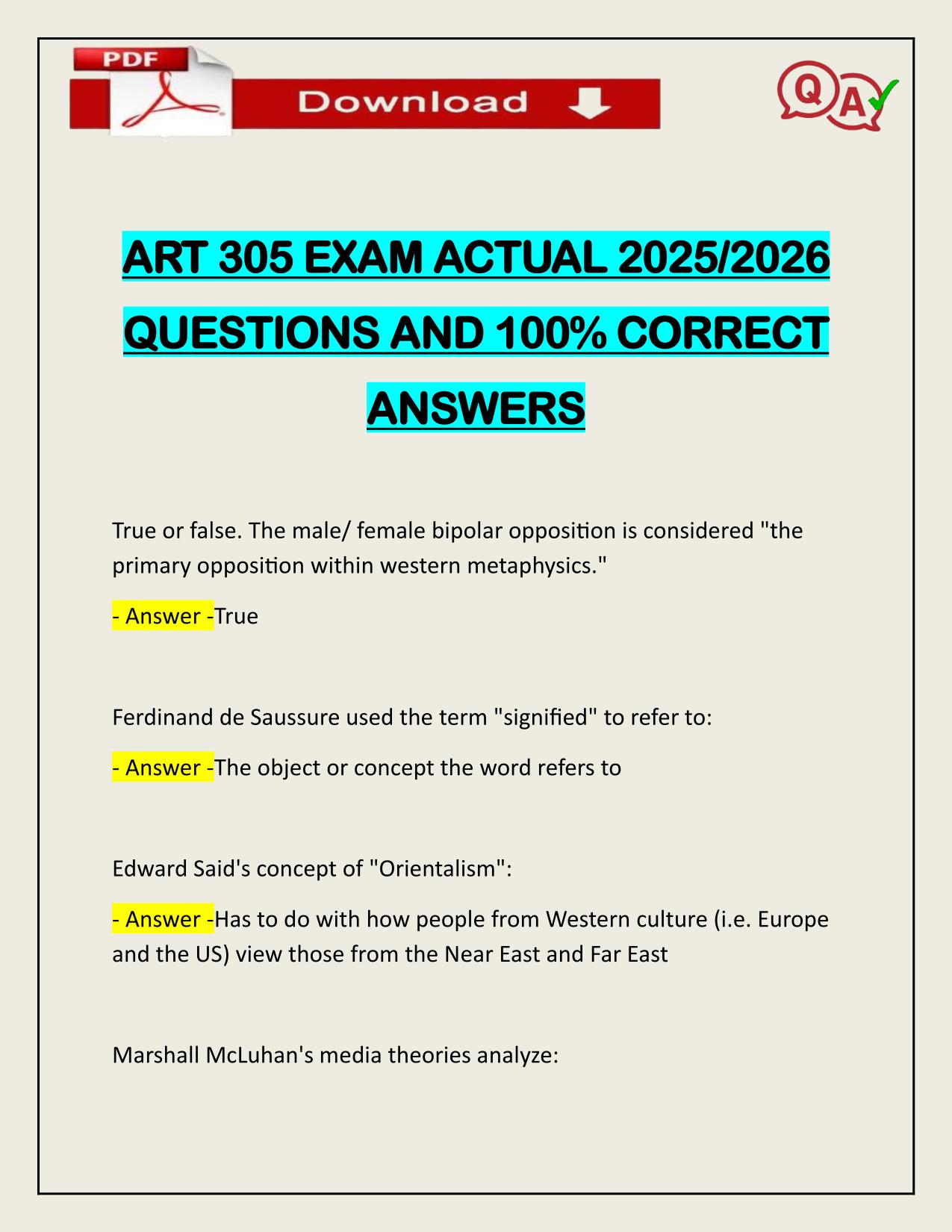 ART 305 EXAM ACTUAL 2025/2026 WITH VERIFIED ANSWERS