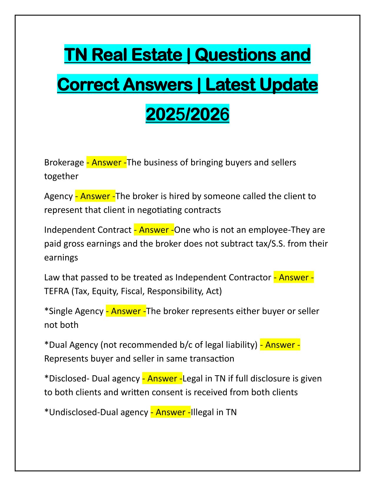 Bundle for PSI TN Real Estate Exams Questions and Correct Answers Latest 2025-2026 Update 100% PASS
