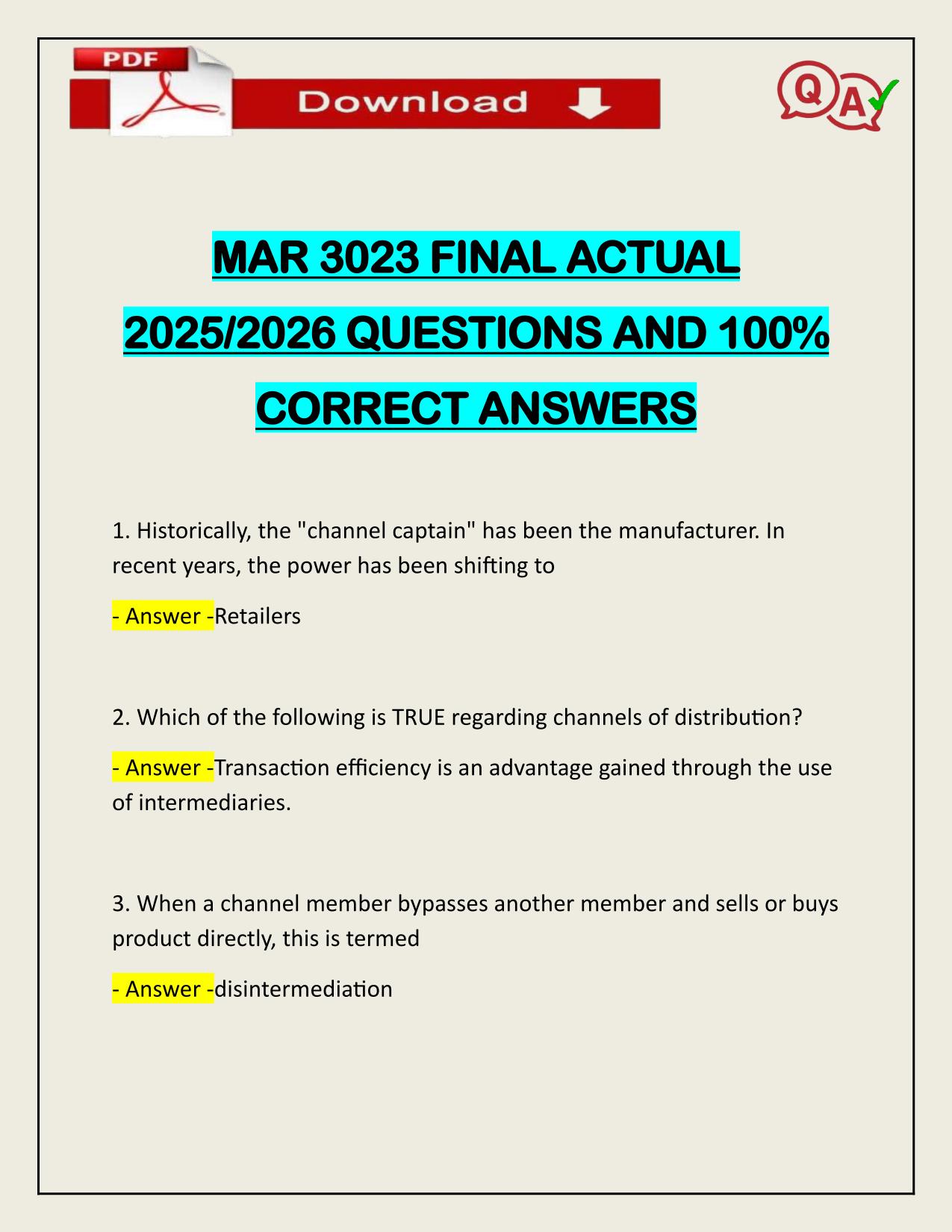 MAR 3023 FINAL ACTUAL 2025/2026 QUESTIONS AND 100% CORRECT ANSWERS