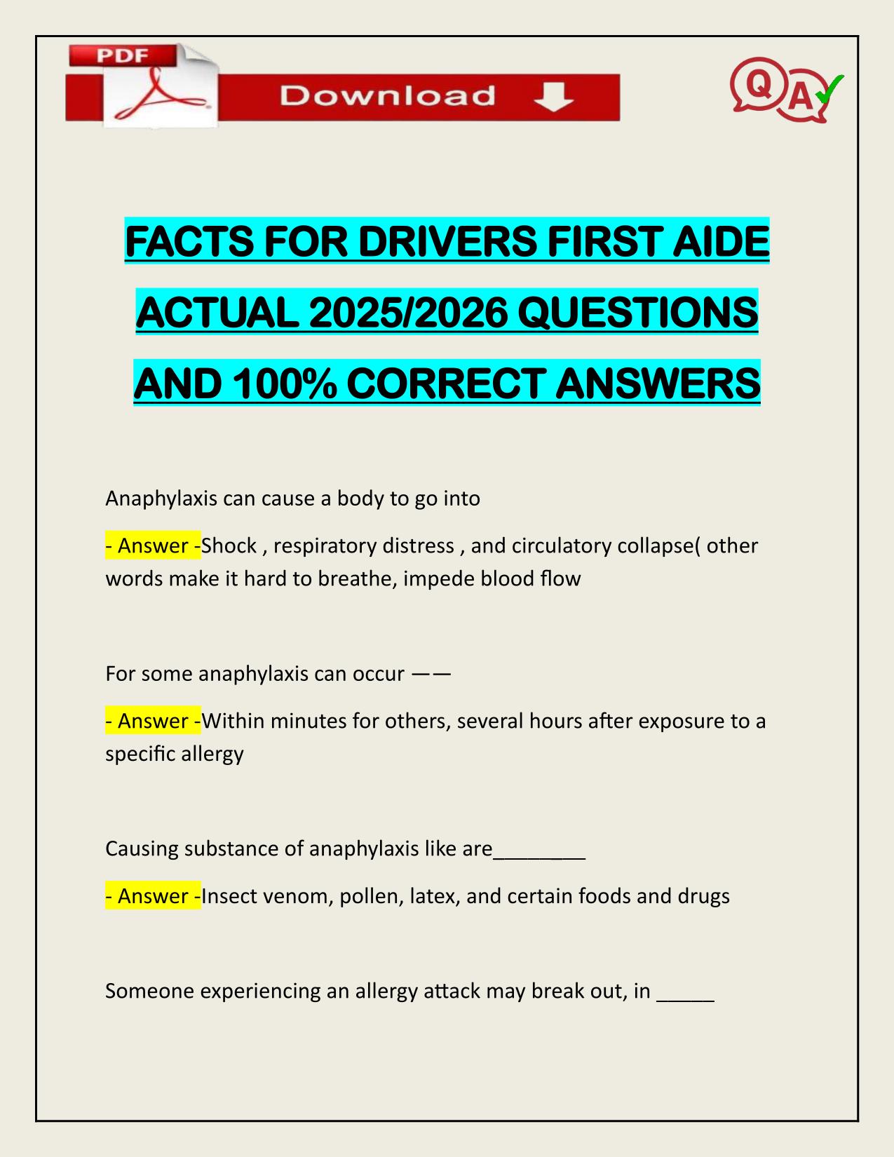 FACTS FOR DRIVERS FIRST AIDE ACTUAL 2025/2026 Q&A 100% PASS