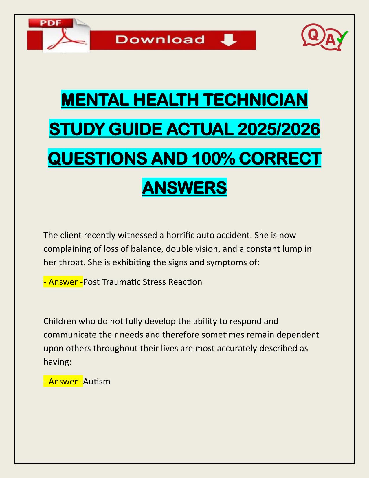 MENTAL HEALTH TECHNICIAN STUDY GUIDE ACTUAL 2025/2026