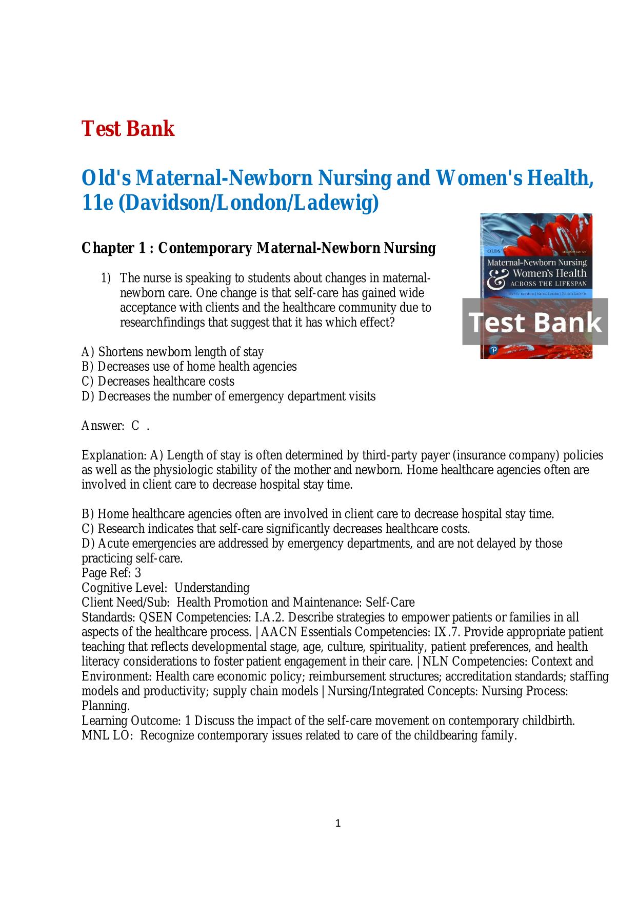 Test Bank for Old's Maternal-Newborn Nursing and Women's Health 11th Edition ISBN 9780357041710 by Davidson & London PDF Download