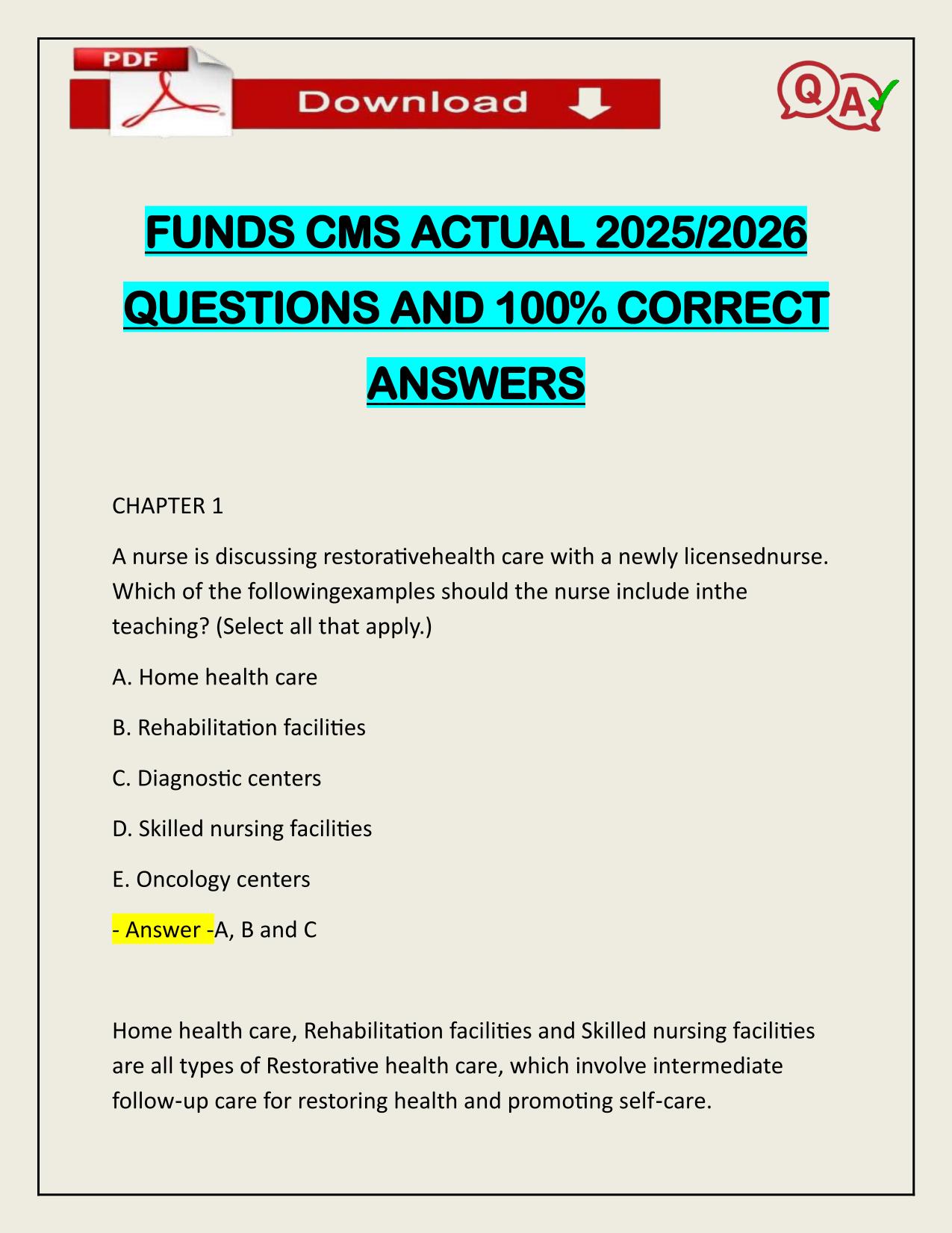 FUNDS CMS ACTUAL 2025/2026 QUESTIONS AND 100% CORRECT ANSWERS