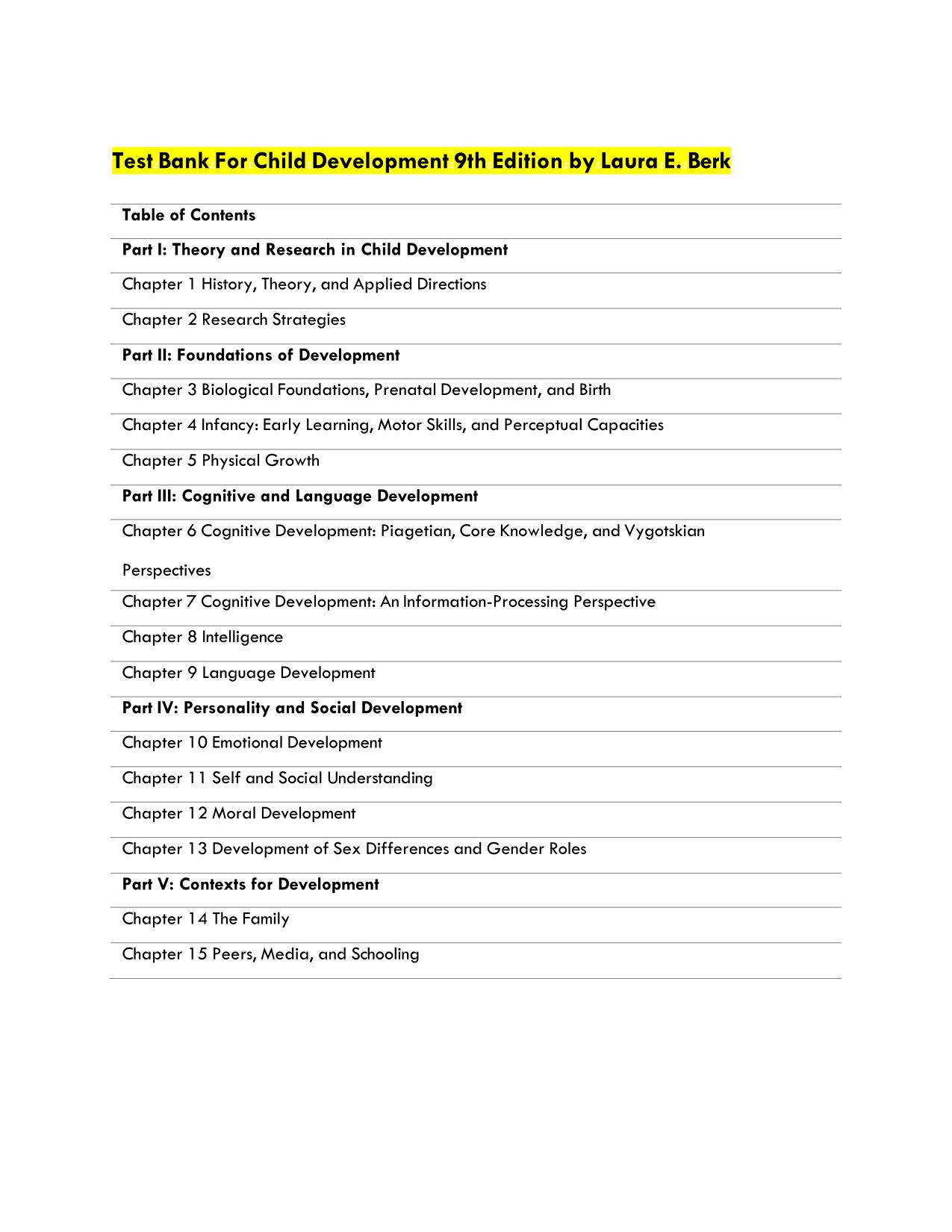 Test Bank For Child Development 9th Edition by Laura E. Berk All 15 Chapters 2025 Update