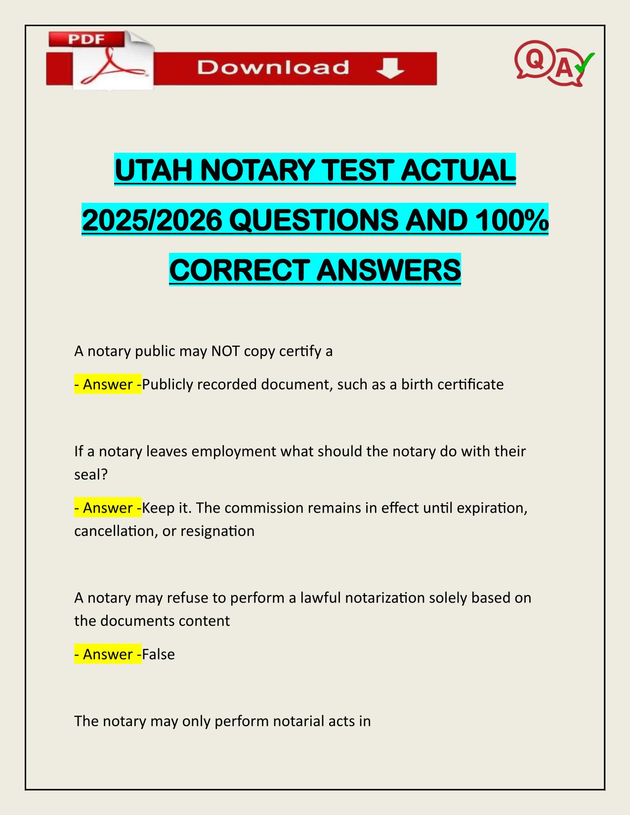 UTAH NOTARY TEST ACTUAL 2025/2026 WITH VERIFIED ANSWERS