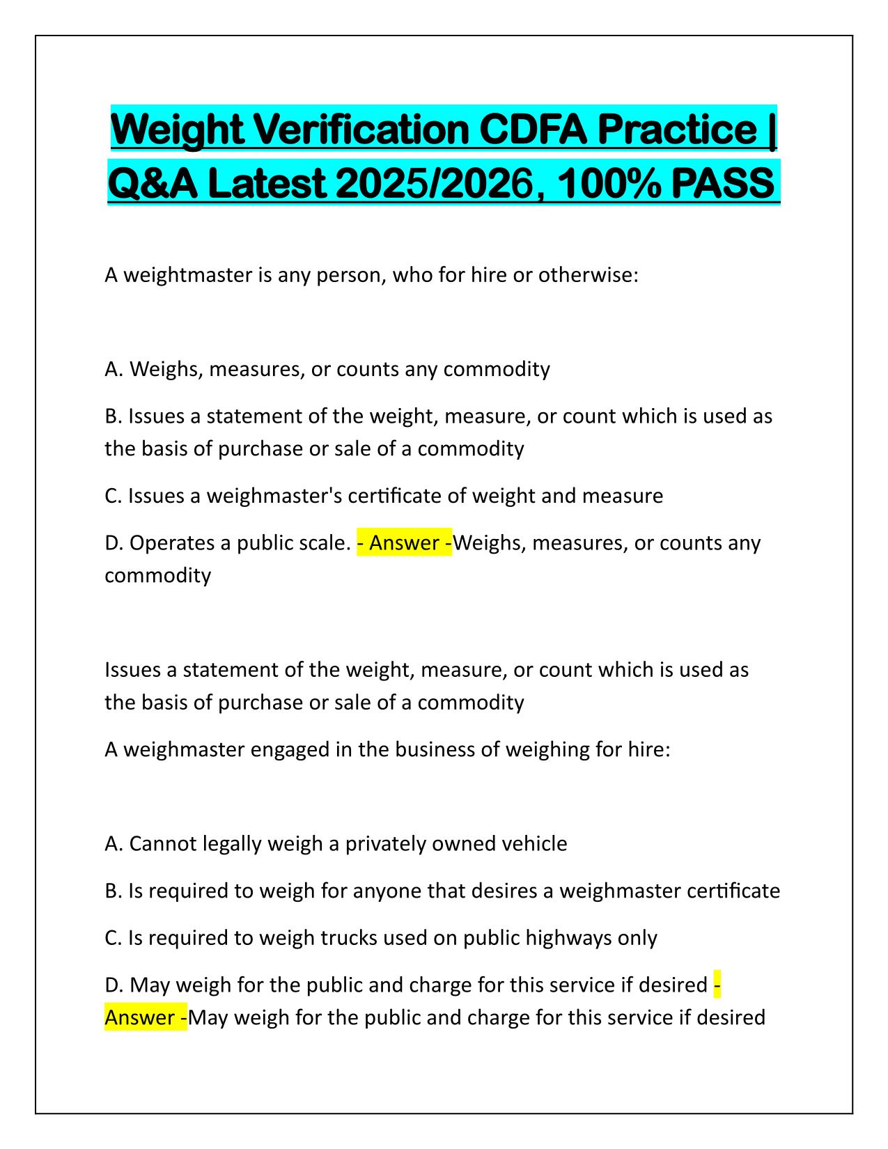 Weight Verification CDFA Practice Q&A Latest Update 2025-2026