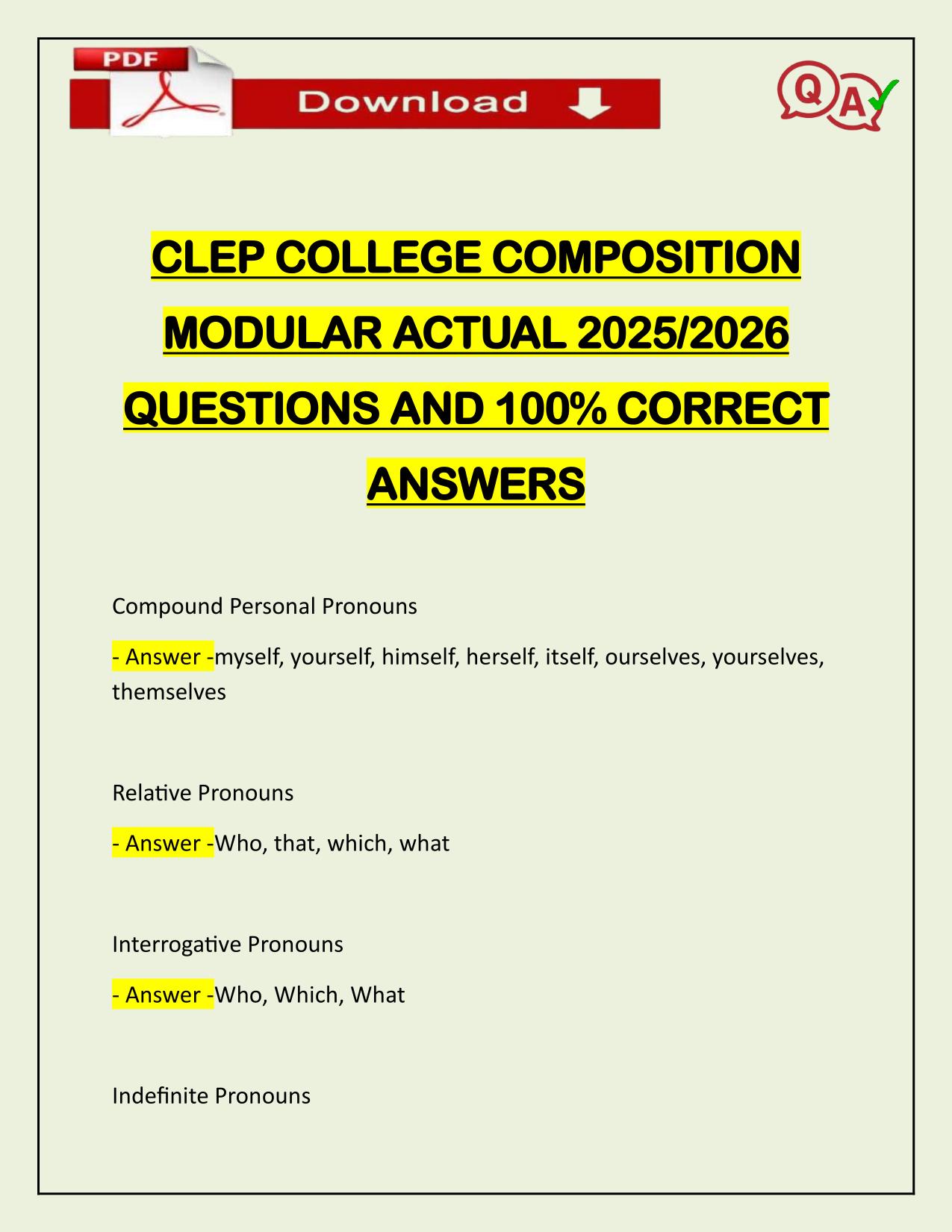 CLEP COLLEGE COMPOSITION MODULAR ACTUAL 2025/2026 QUESTIONS AND 100% CORRECT ANSWERS