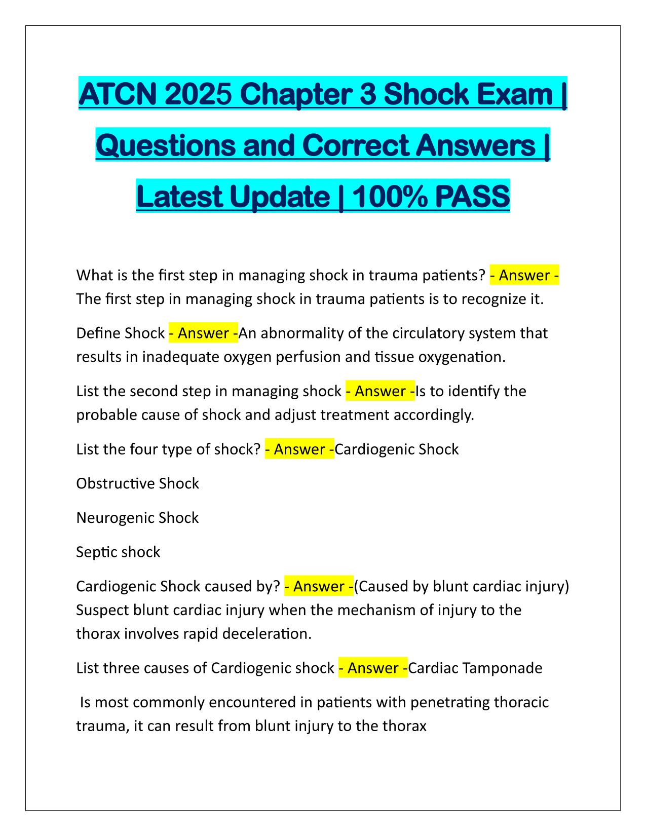 ATCN 2025 Chapter 3 Shock Exam Correctly Answered Latest