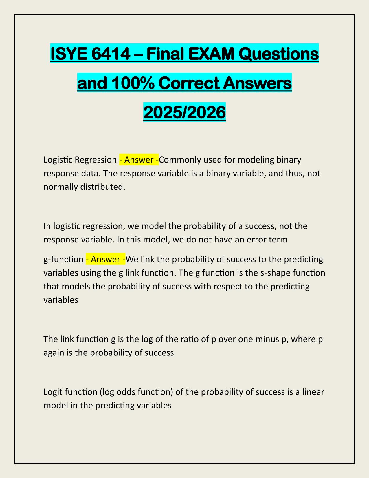 ISYE 6414 Final EXAM Questions and 100% Correct Answers 2025/2026