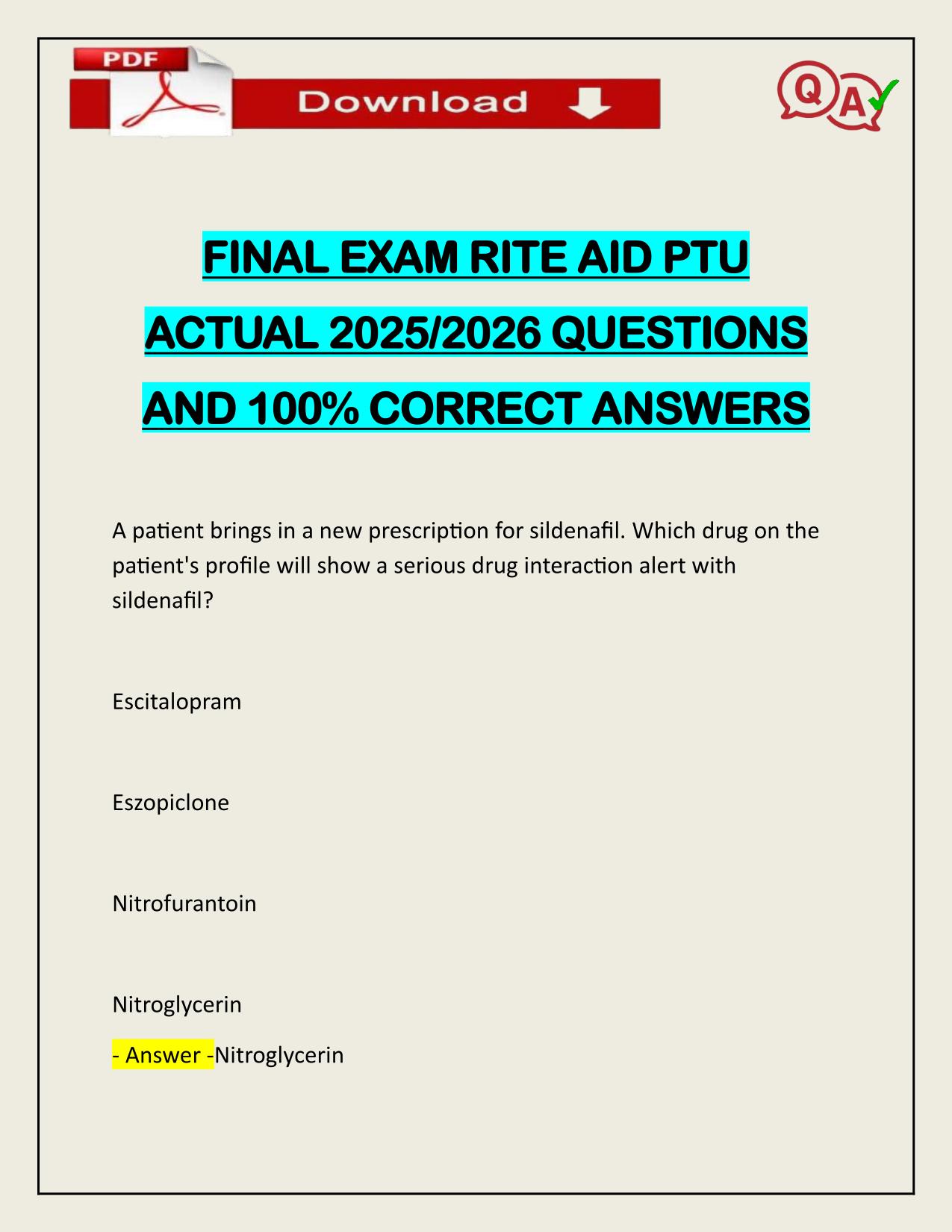 FINAL EXAM RITE AID PTU ACTUAL 2025/2026 WITH VERIFIED ANSWERS