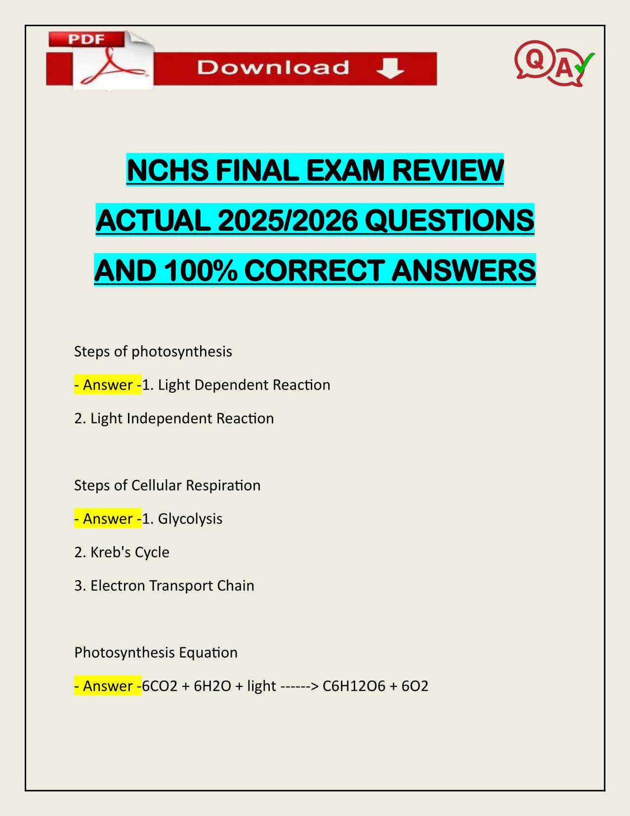 NCHS FINAL EXAM REVIEW ACTUAL 2025/2026 QUESTIONS AND 100% CORRECT ANSWERS