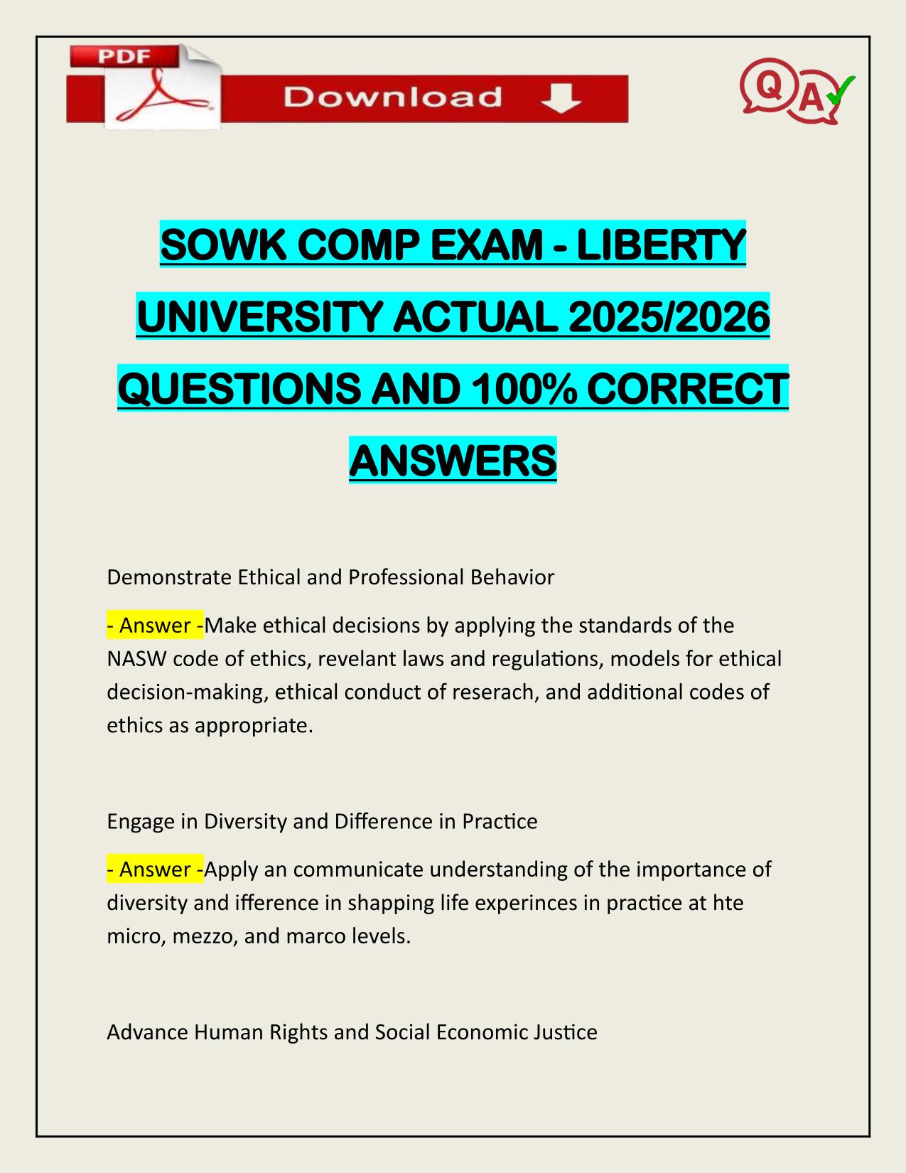 BUNDLE FOR SOWK LIBERTY UNIVERSITY EXAMS ACTUAL 2025/2026