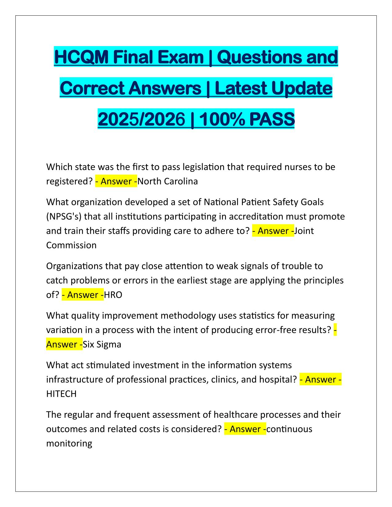 HCQM Final Exam Questions and Answers