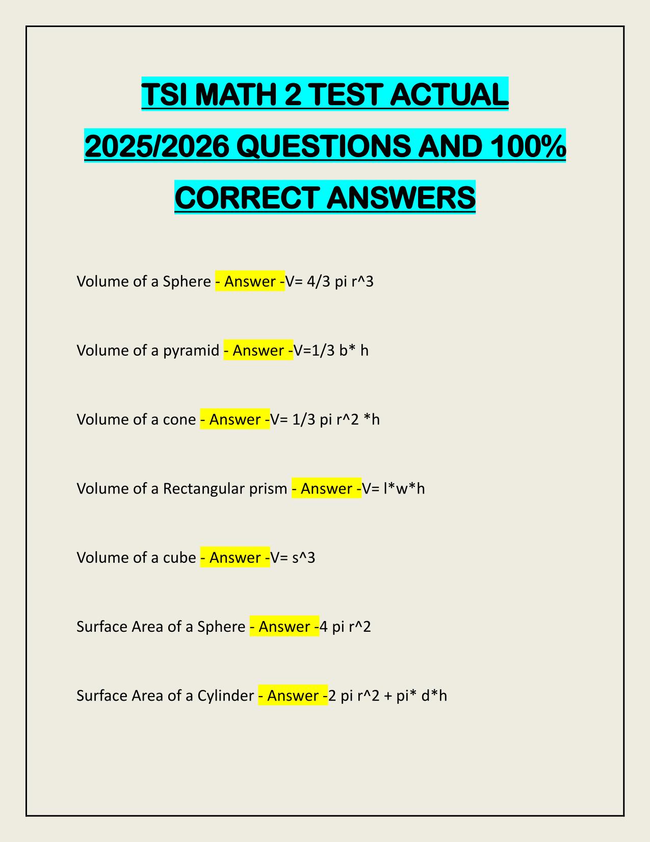 TSI MATH 2 TEST ACTUAL 2025/2026 QUESTIONS AND 100% CORRECT ANSWERS
