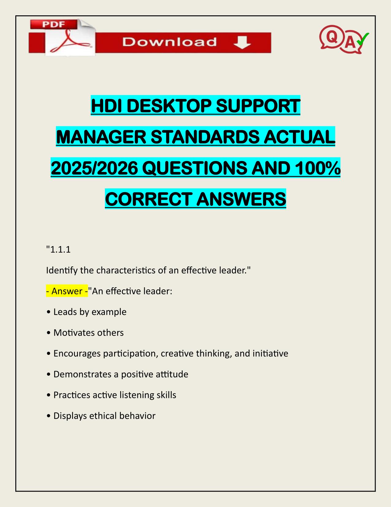HDI DESKTOP SUPPORT MANAGER STANDARDS ACTUAL 2025/2026
