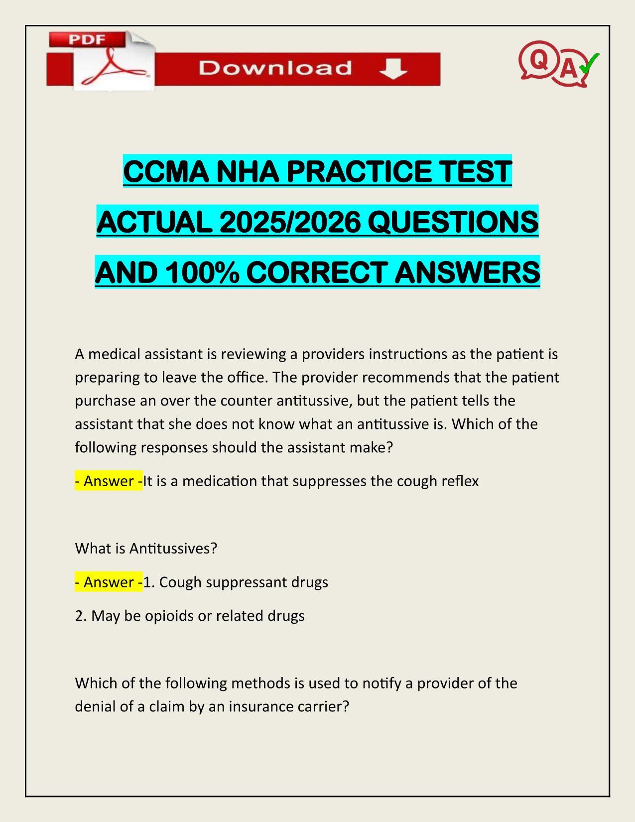 CCMA NHA PRACTICE TEST ACTUAL 2025/2026 CORRECTLY ANSWERED