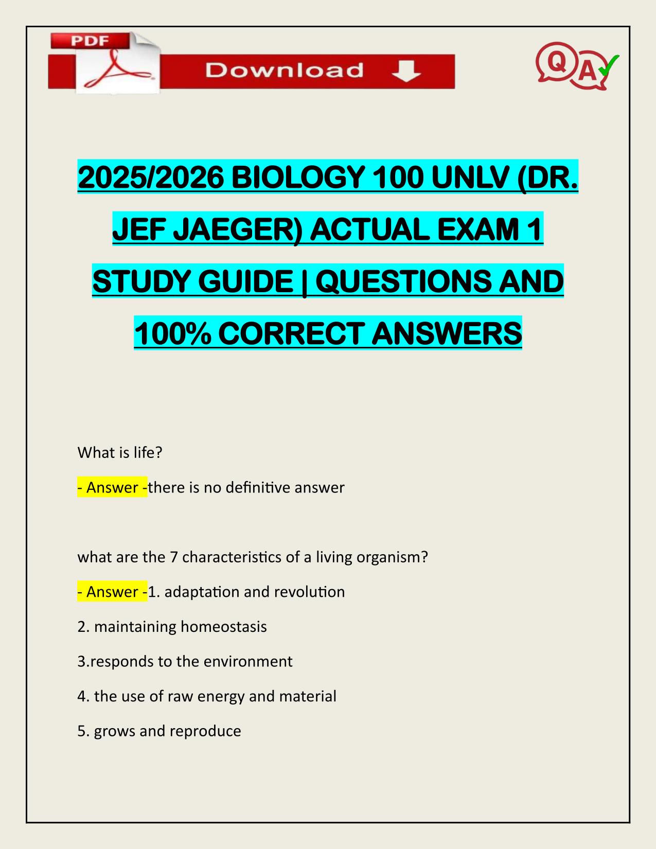 2025/2026 BIOLOGY 100 UNLV (DR. JEF JAEGER) ACTUAL EXAM 1 STUDY GUIDE