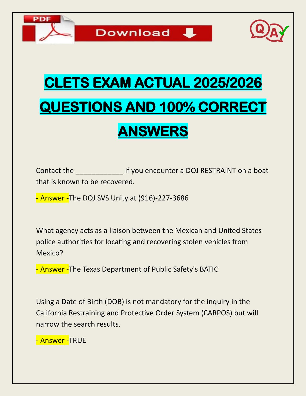 CLETS EXAM ACTUAL 2025/2026 Q&A LATEST UPDATE