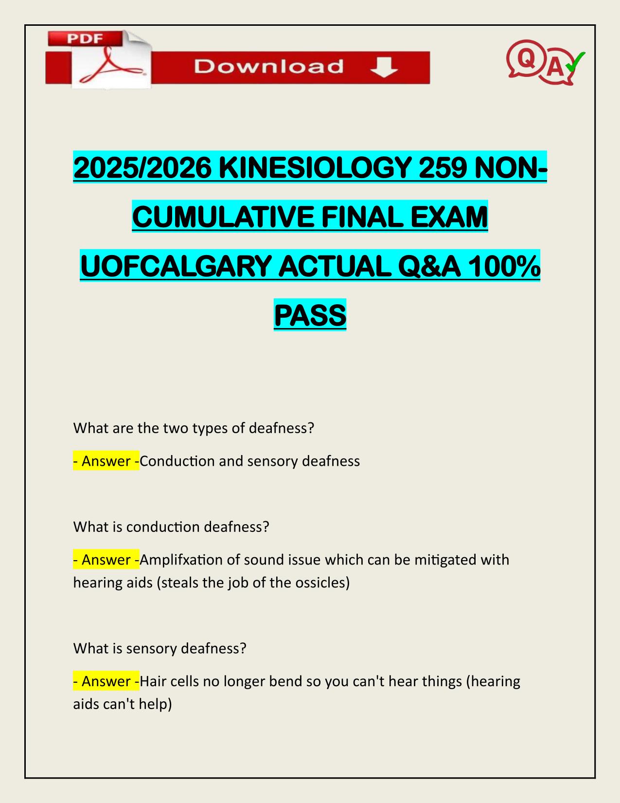 2025/2026 KINESIOLOGY 259 NONCUMULATIVE FINAL EXAM UOFCALGARY ACTUAL Q&A 100% PASS