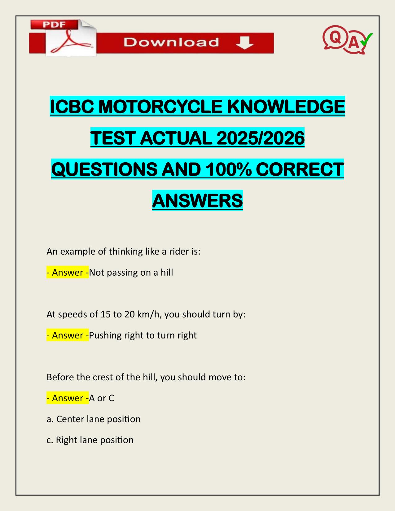 ICBC MOTORCYCLE KNOWLEDGE TEST ACTUAL 2025/2026 Q&A