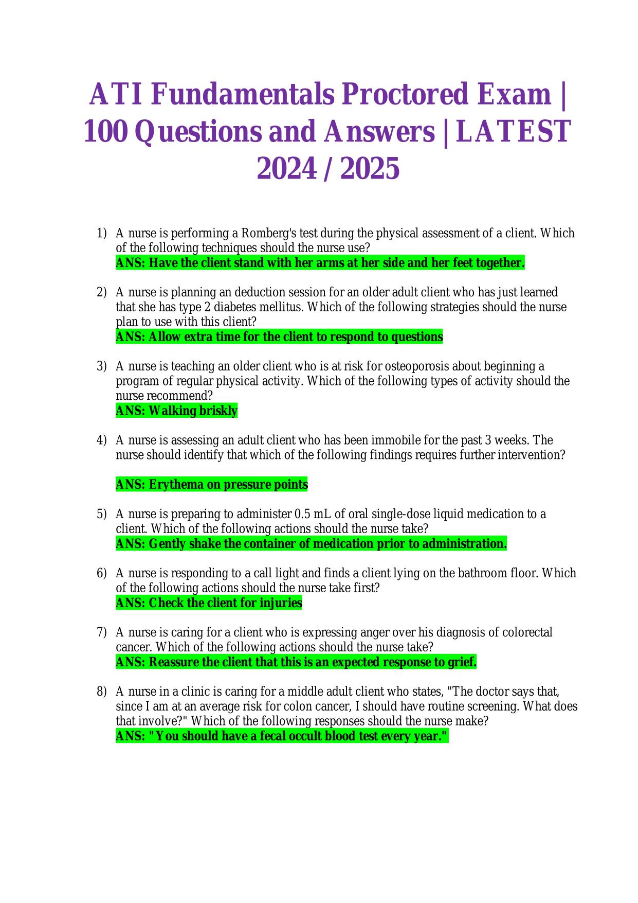 ATI Fundamentals Proctored Exam ACTUAL 2025/2026 | 100 Questions and Answers