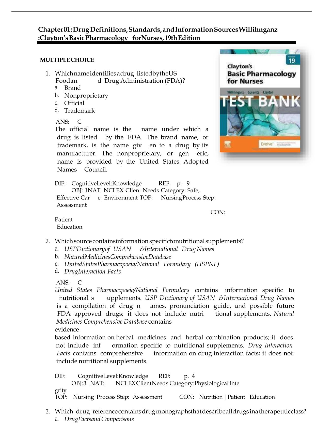 Test Bank For Clayton's Basic Pharmacology for Nurses 19th Ed by Michelle J. Willihnganz ACTUAL 2025/2026