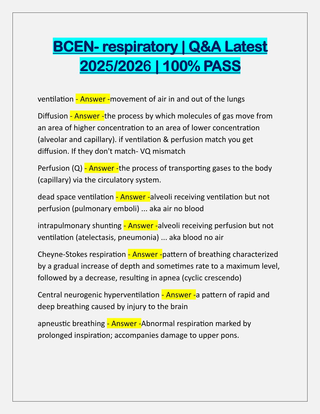 BCEN-respiratory EXAM Q&A Latest Update