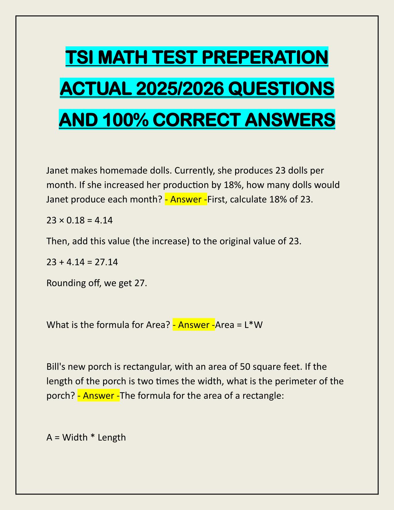 TSI MATH TEST PREPERATION ACTUAL 2025/2026 QUESTIONS AND 100% CORRECT ANSWERS