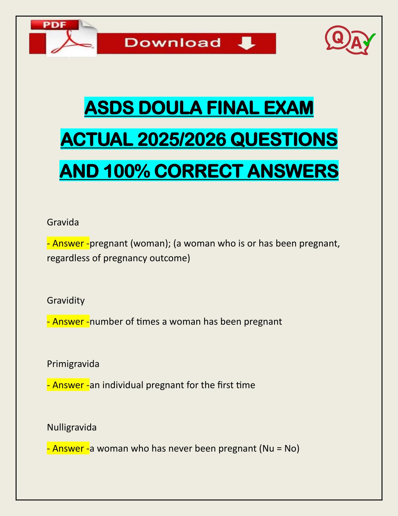 ASDS DOULA FINAL EXAM ACTUAL 2025/2026 CORRECTLY ANSWERED