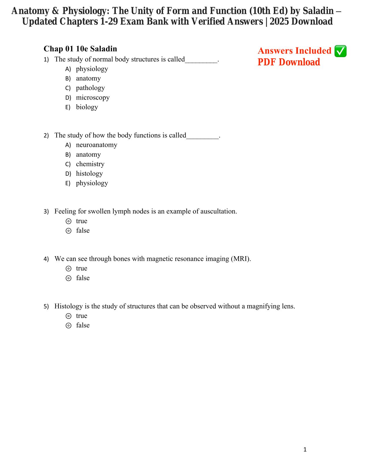 Testbank for Anatomy and Physiology The Unity of Form and Function 10th Edition ISBN: 9780071316385 by Saladin