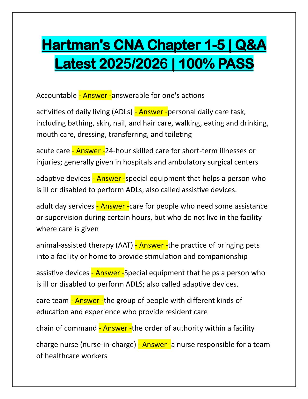 Hartman's CNA Chapter 1-5 Correctly Answered Latest Update
