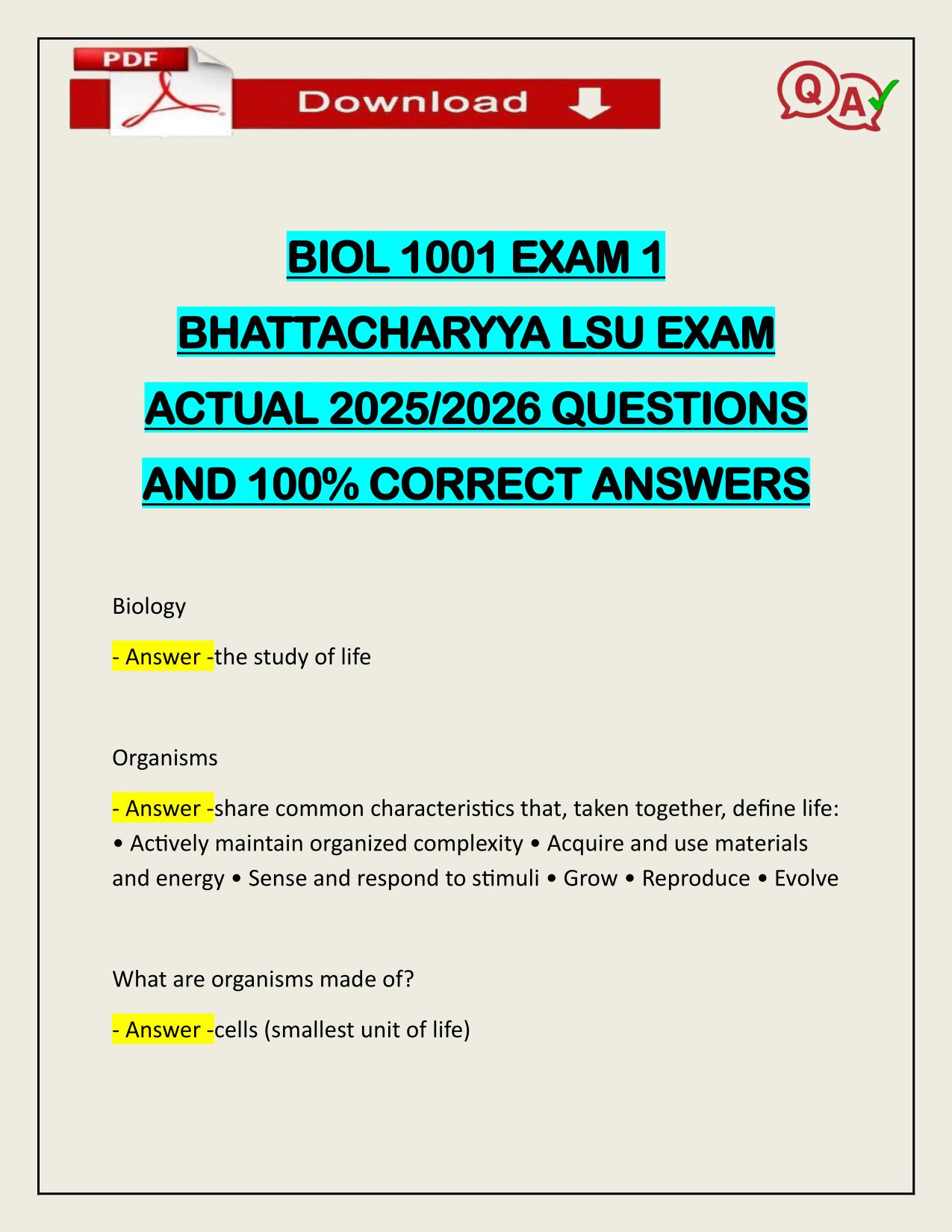 BIOL 1001 EXAM 1 BHATTACHARYYA LSU EXAM ACTUAL 2025/2026