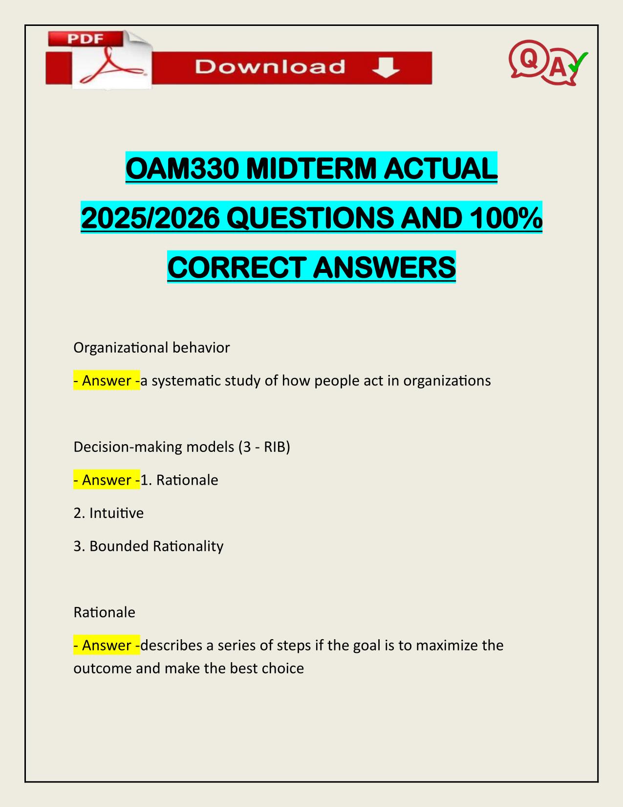 OAM330 MIDTERM ACTUAL 2025/2026 WITH VERIFIED ANSWERS