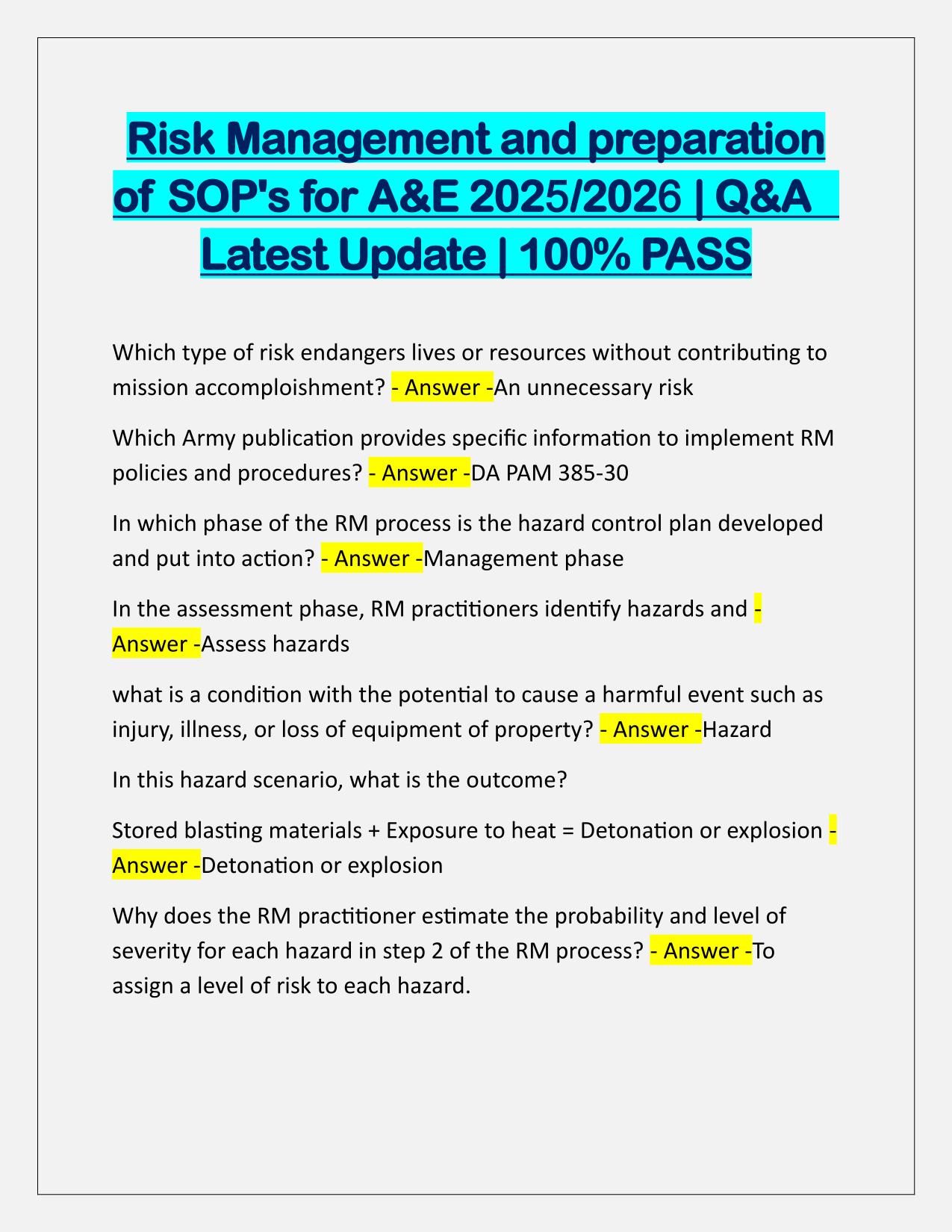 Risk Management and preparation of SOPs for A&E Q&A Latest Update
