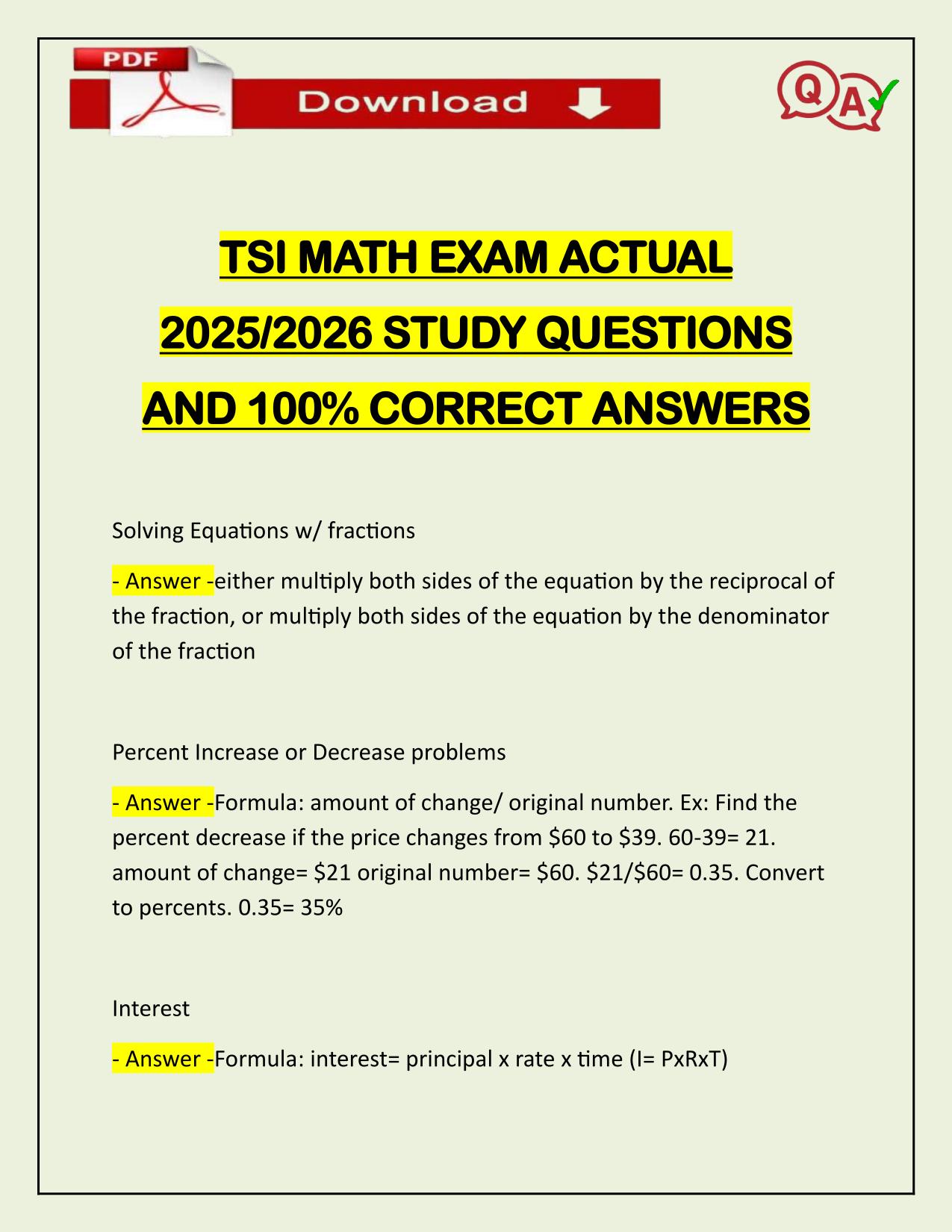 TSI MATH EXAM ACTUAL 2025/2026 STUDY QUESTIONS AND 100% CORRECT ANSWERS