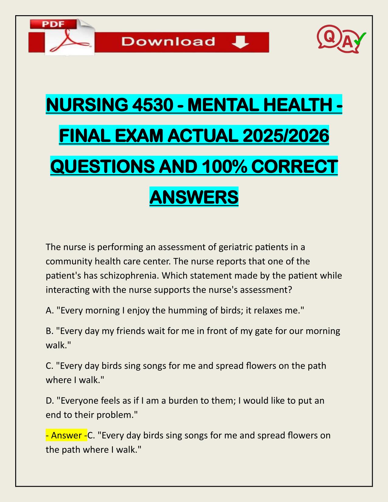 NURSING 4530 MENTAL HEALTH FINAL EXAM ACTUAL 2025/2026