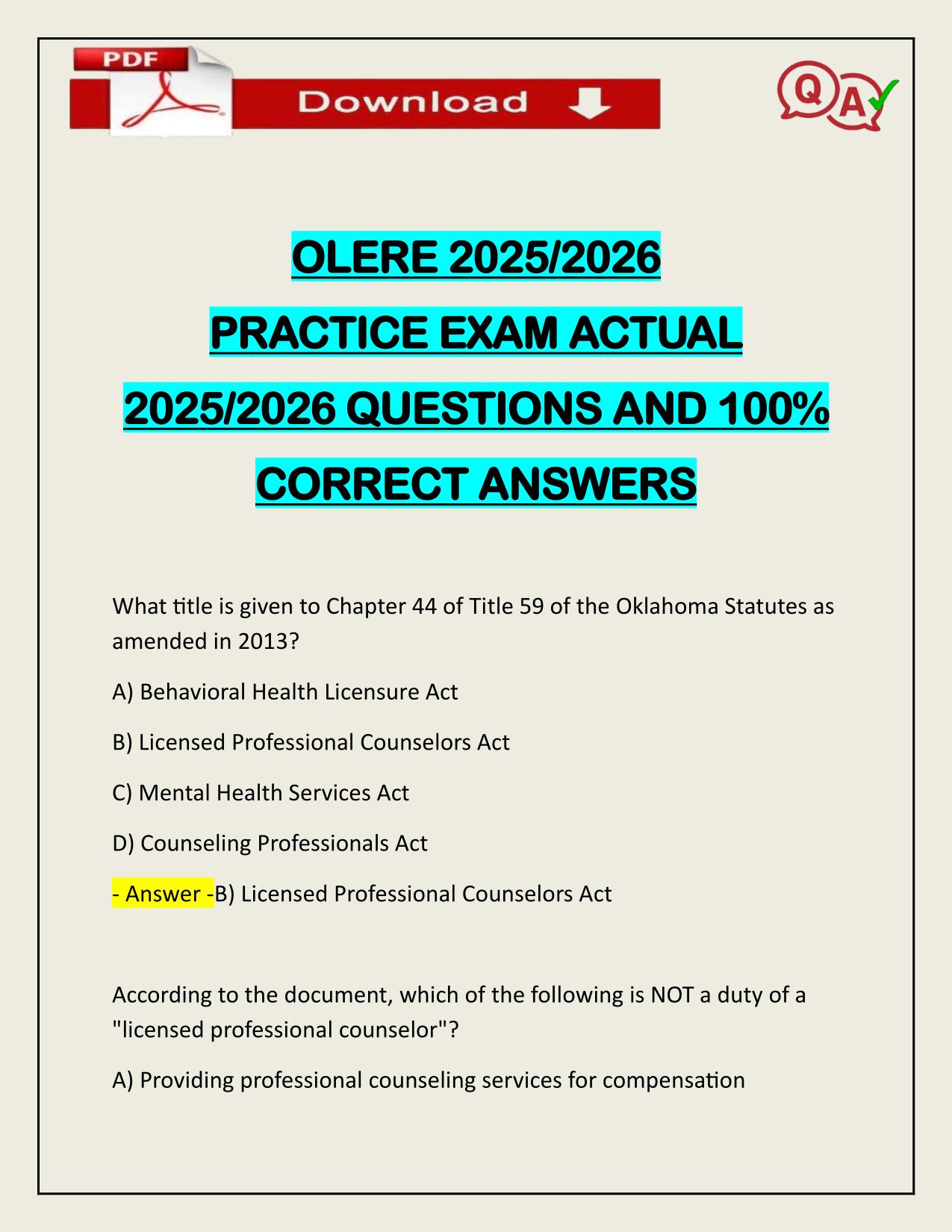 OLERE 2025/2026 PRACTICE EXAM ACTUAL 2025/2026 UPDATE