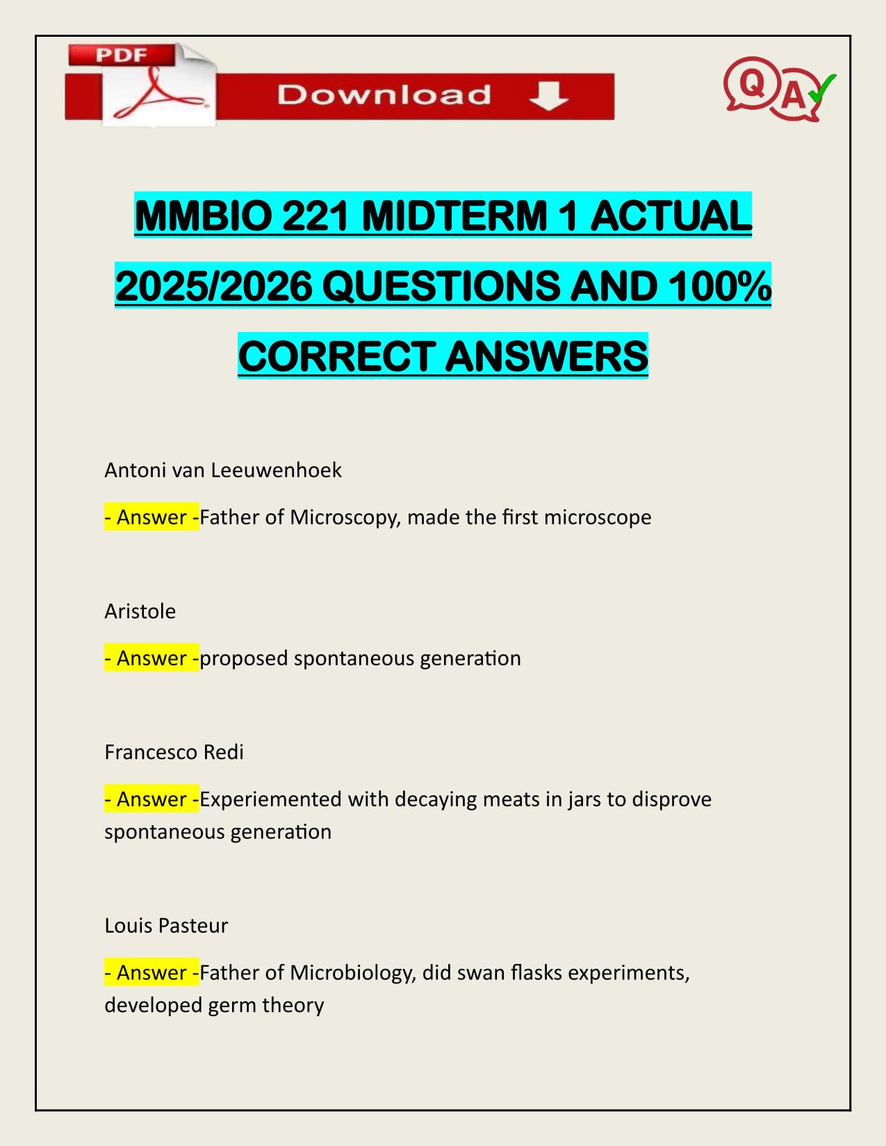 MMBIO 221 MIDTERM 1 ACTUAL 2025/2026 WITH CORRECT ANSWERS